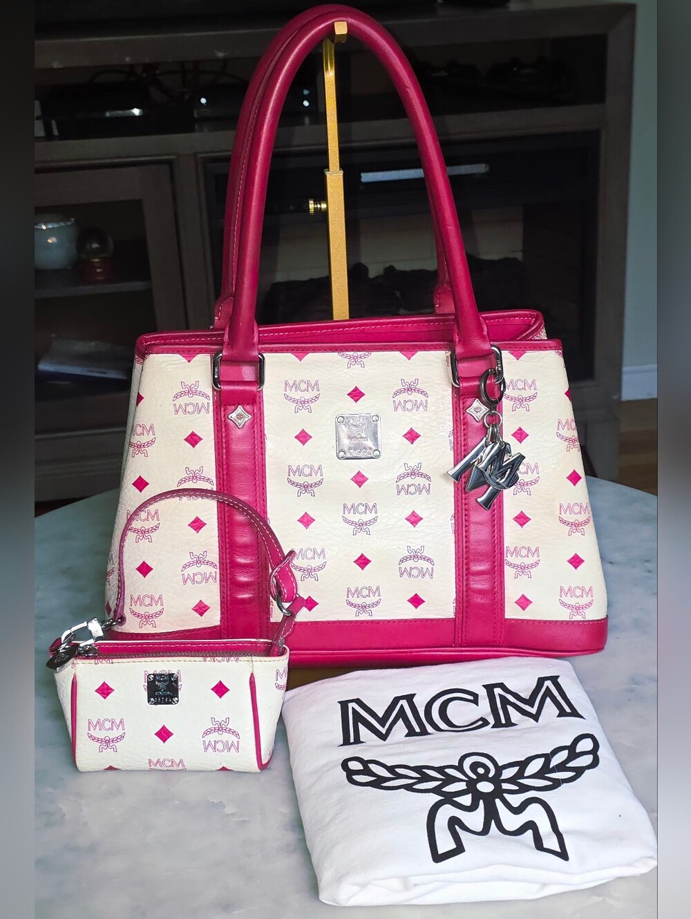 MCM Beige & Pink Visetos Tote w/ Matching Wristlet & MCM Charm & silver Hardware